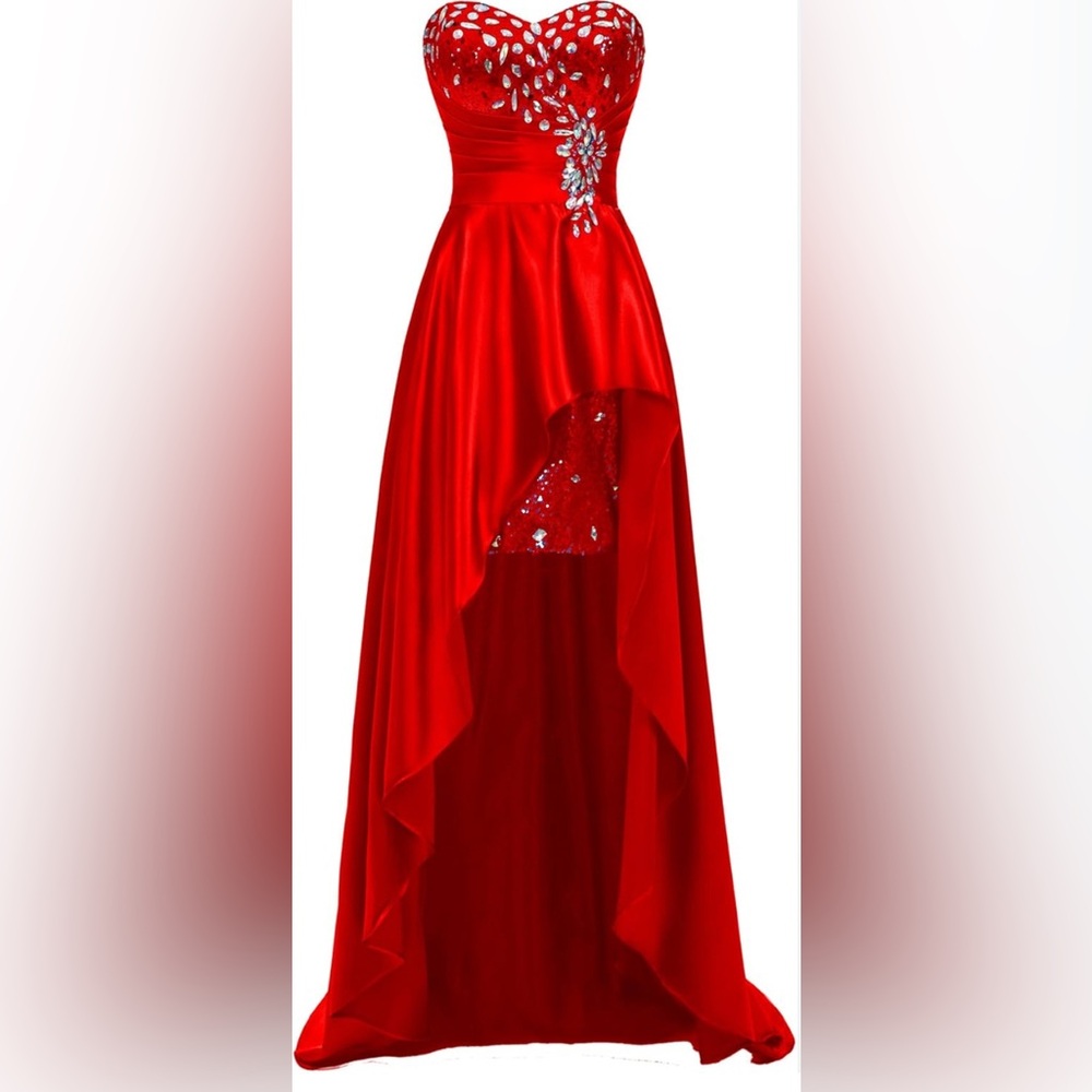 Red Embellished Strapless High Low Gown